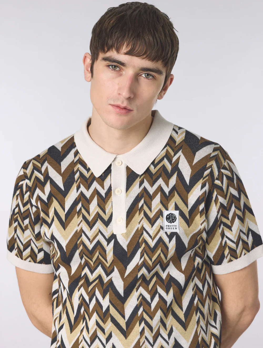 Pretty Green Starship Short Sleeve Knit Polo Stone - Image 3