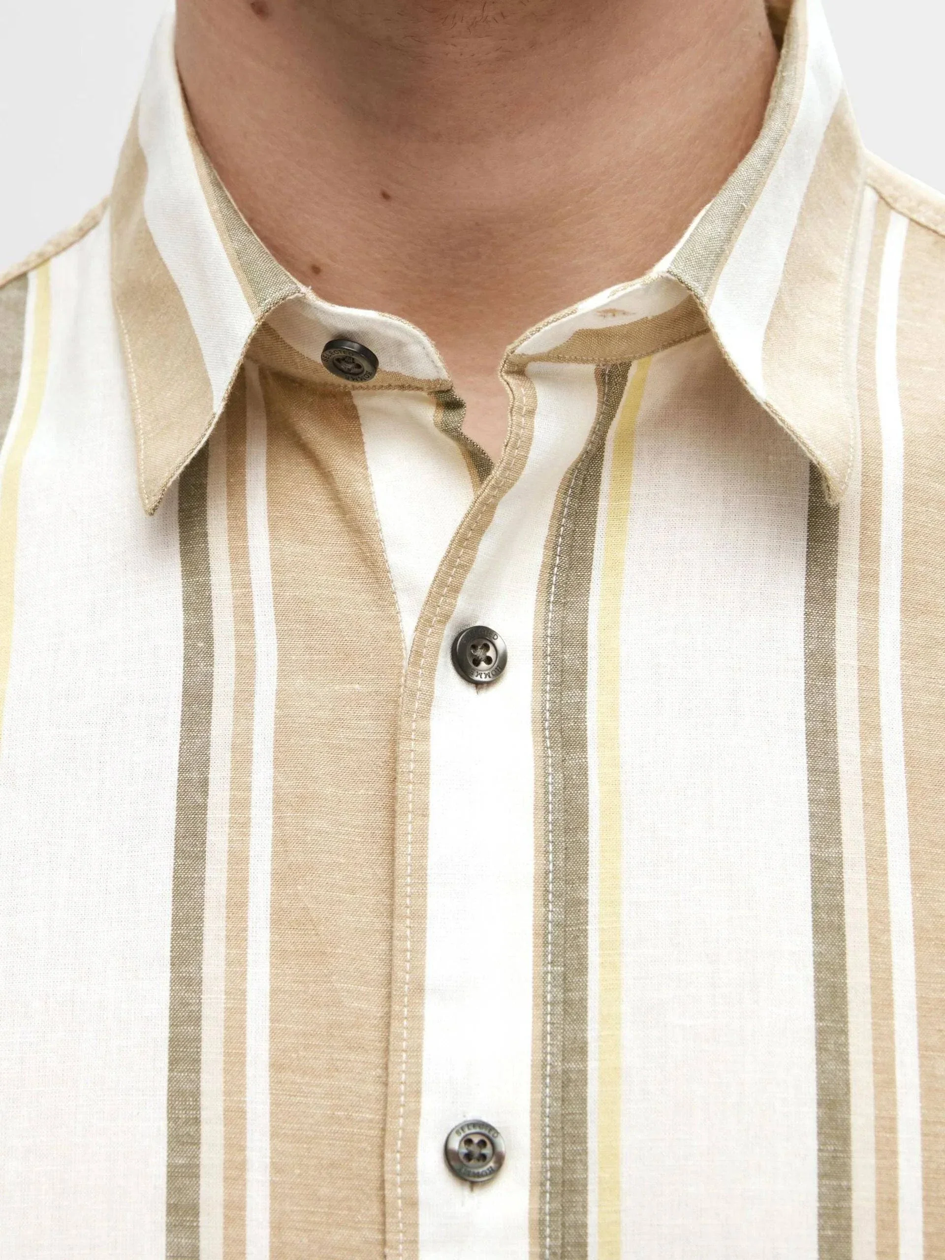 Selected Homme SS Linen Stripe Shirt Kelp - Image 3