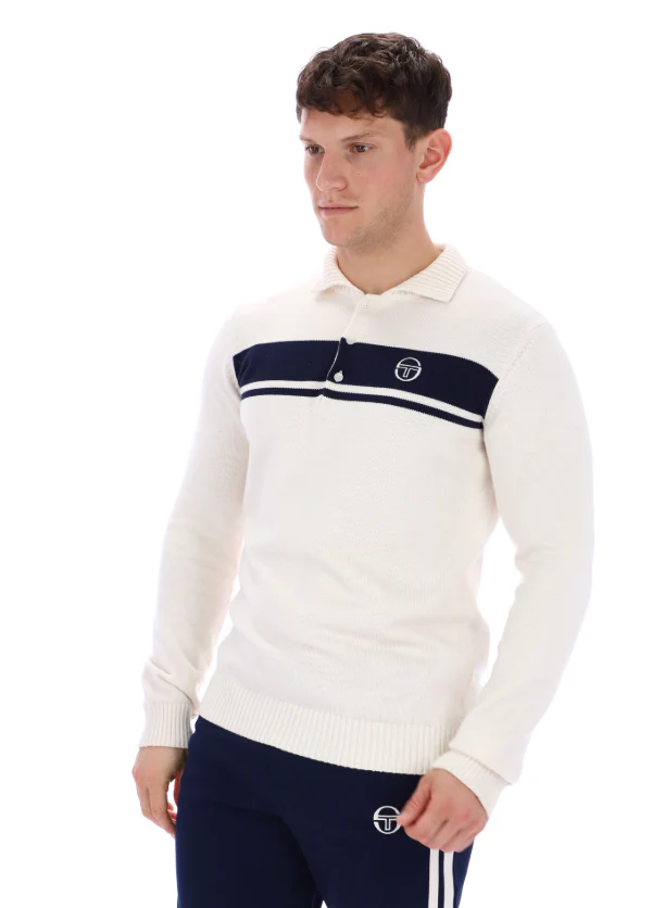 Sergio Tacchini Damarindo Long Sleeve Knitted Polo Shirt Gardenia/Navy