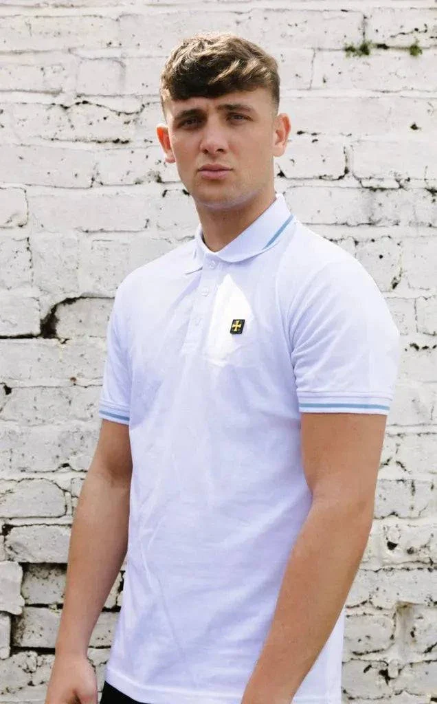 Terrace Cult Premium Pique Polo In White/Sky Blue - Image 2