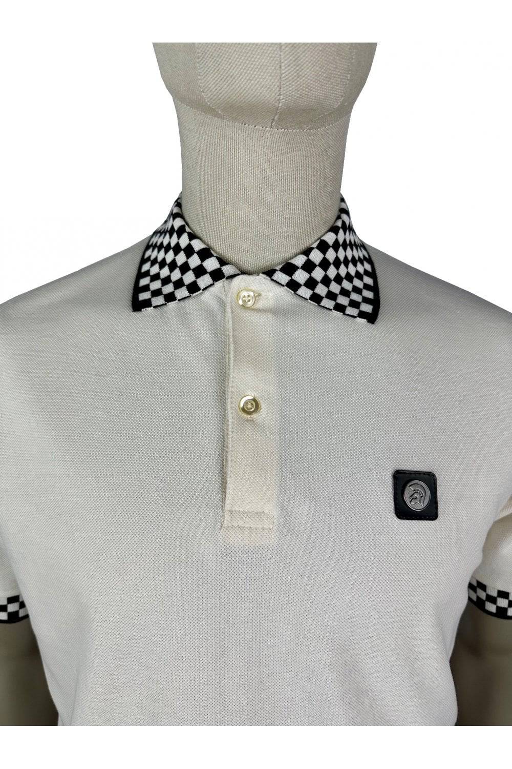 Trojan Chequerboard Trim Pique Polo Ecru