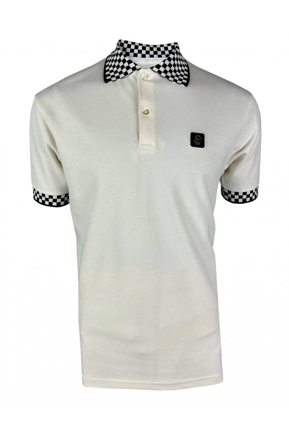 Trojan Chequerboard Trim Pique Polo Ecru - Image 2