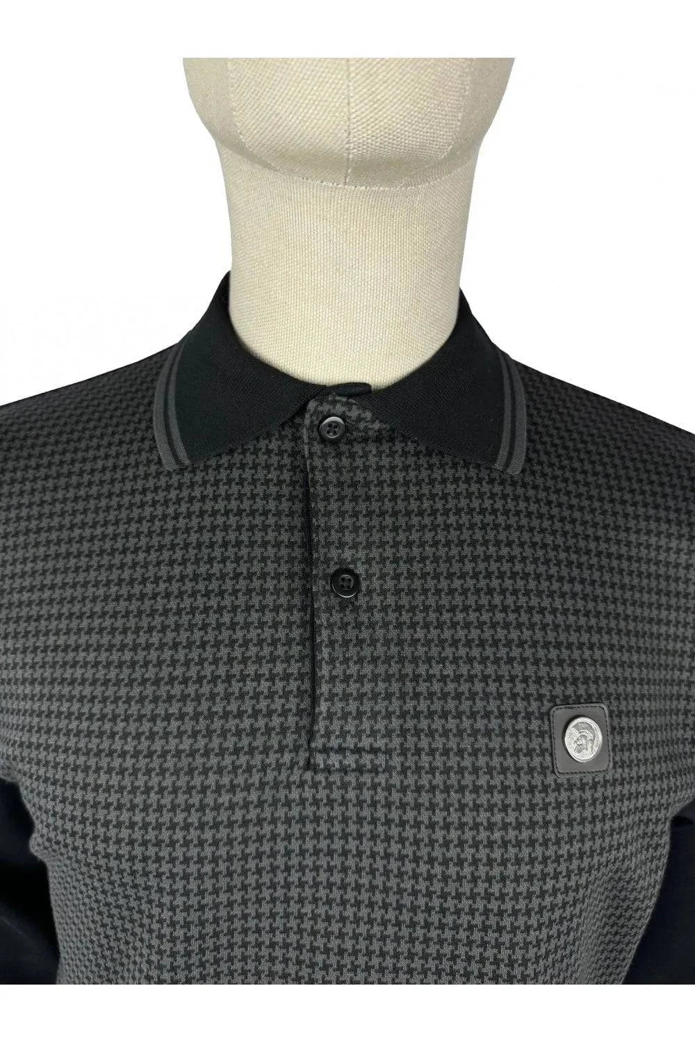 Trojan Houndstooth Panel Polo LS In Black - Image 2