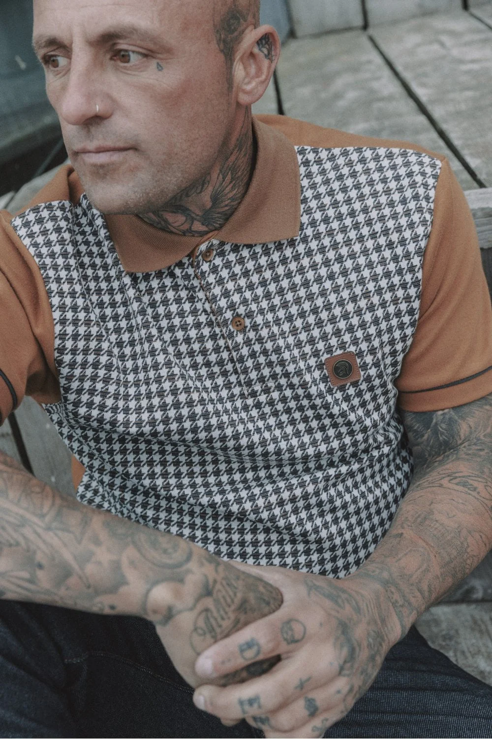 Trojan Houndstooth Panel Polo Tan - Image 3