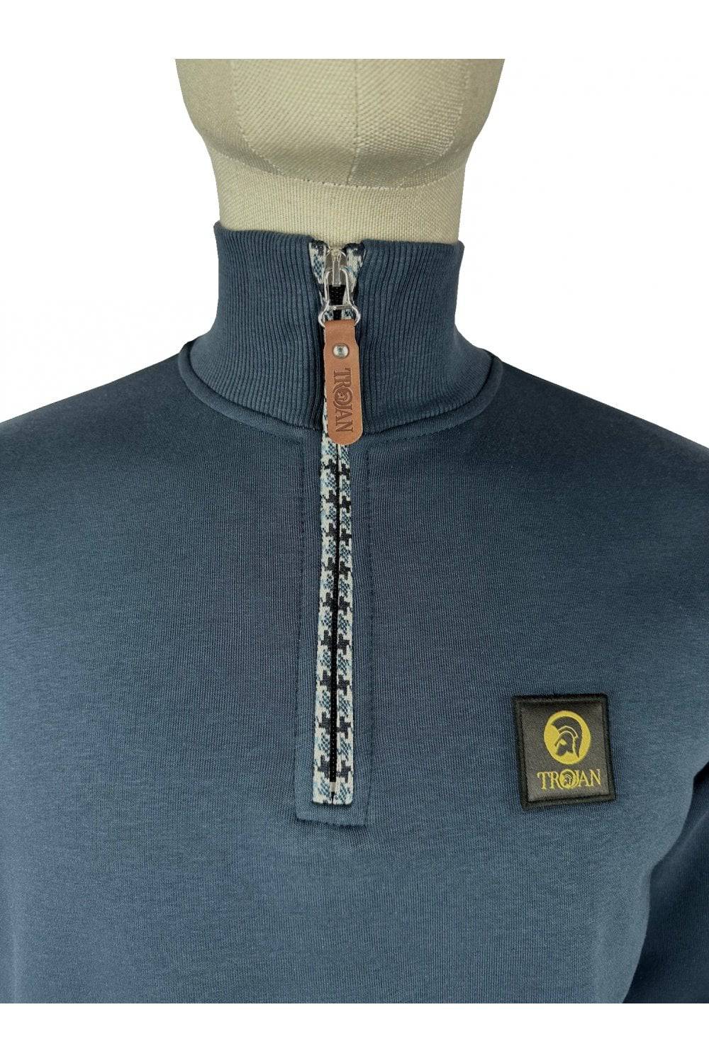 Trojan Houndstooth Trim 1/4 Zip Sweat In French Navy - Image 2