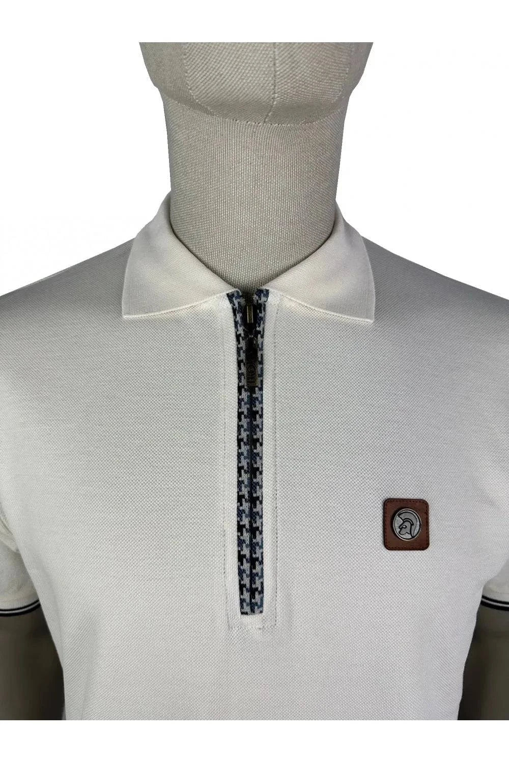 Trojan Houndstooth Trim Zip Pique Polo In White - Image 3