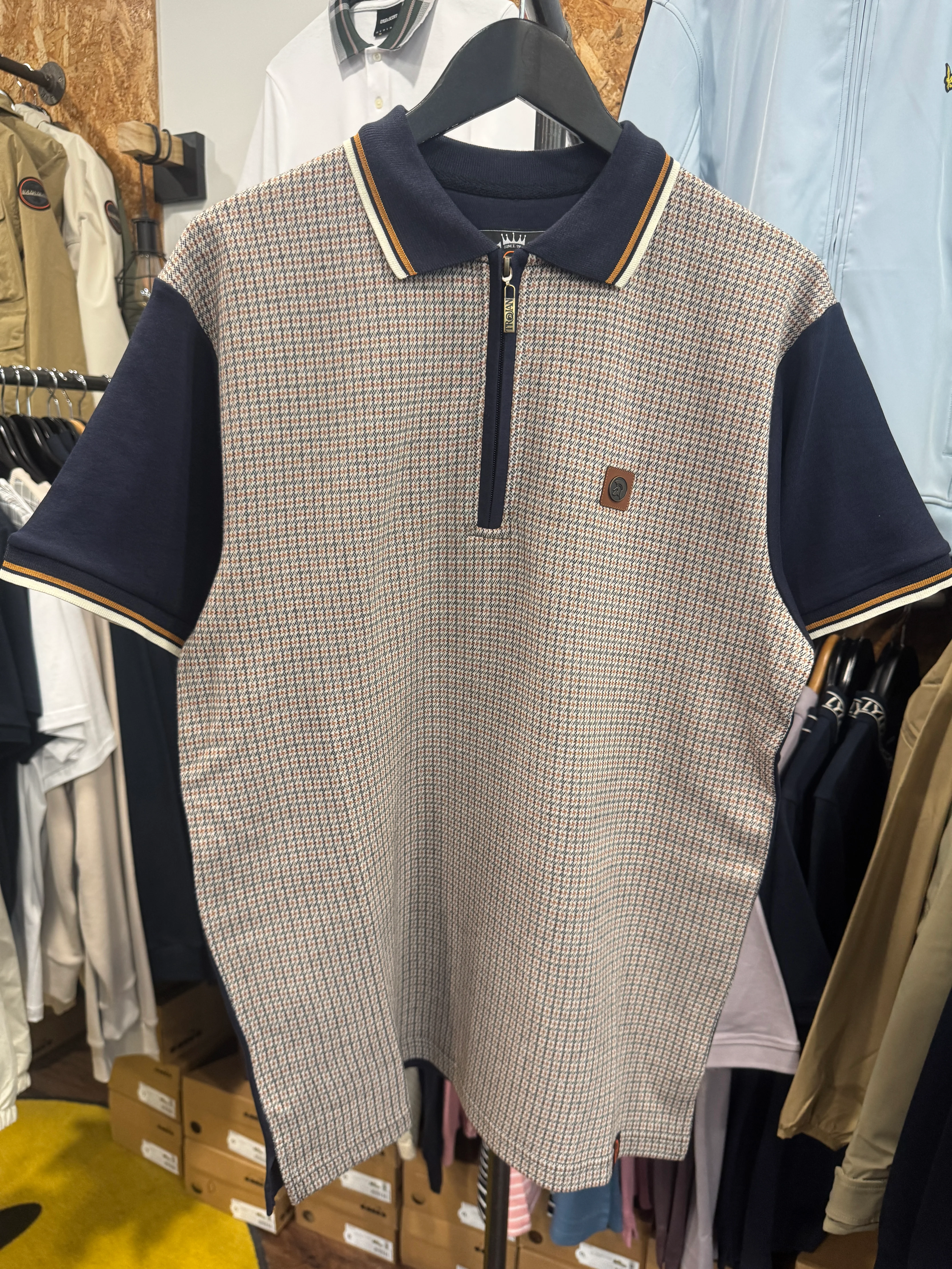 Trojan Houndstooth Zip Polo In Navy - Image 2