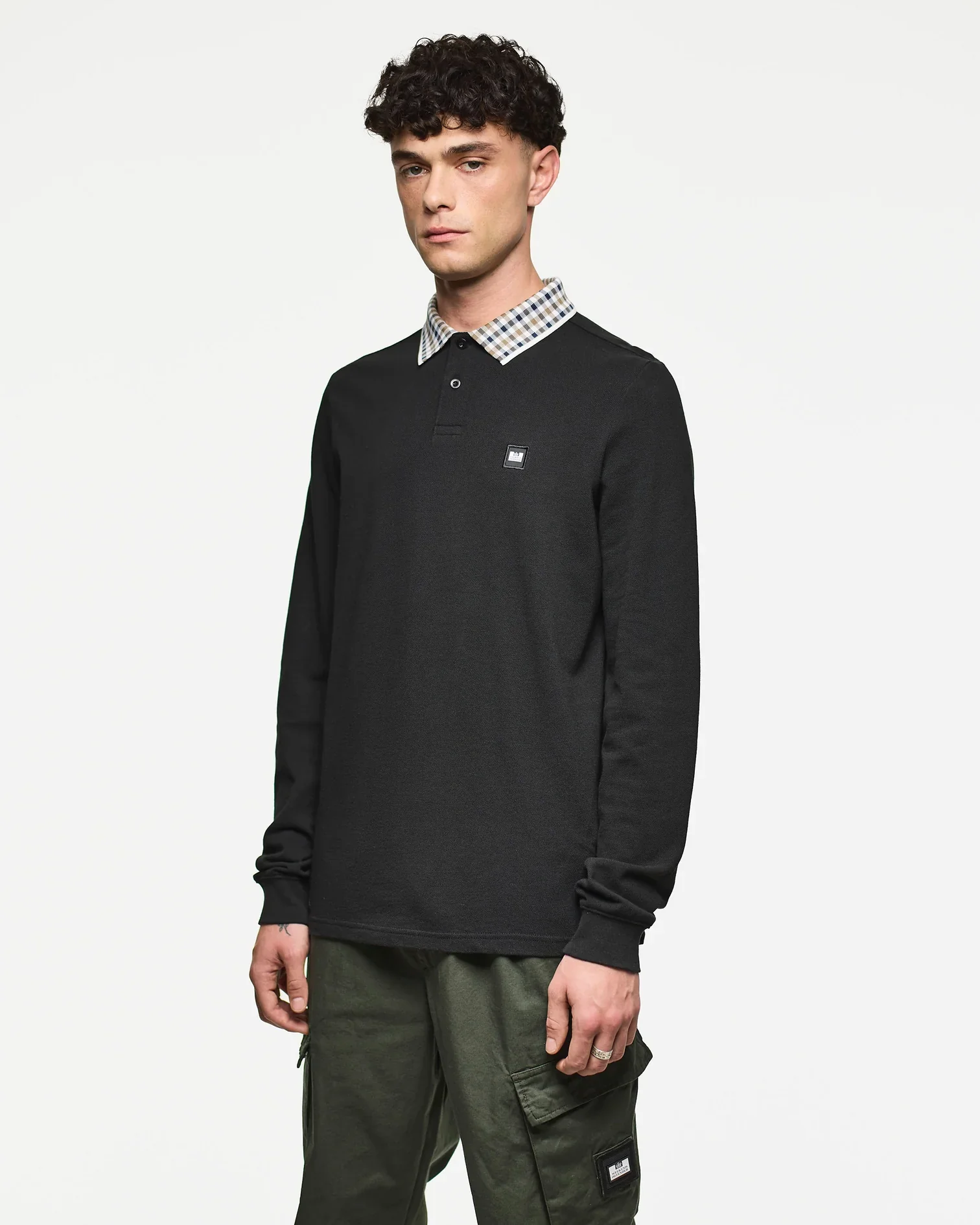 Weekend Offender Lindley Long Sleeve Polo Shirt Black - Image 3